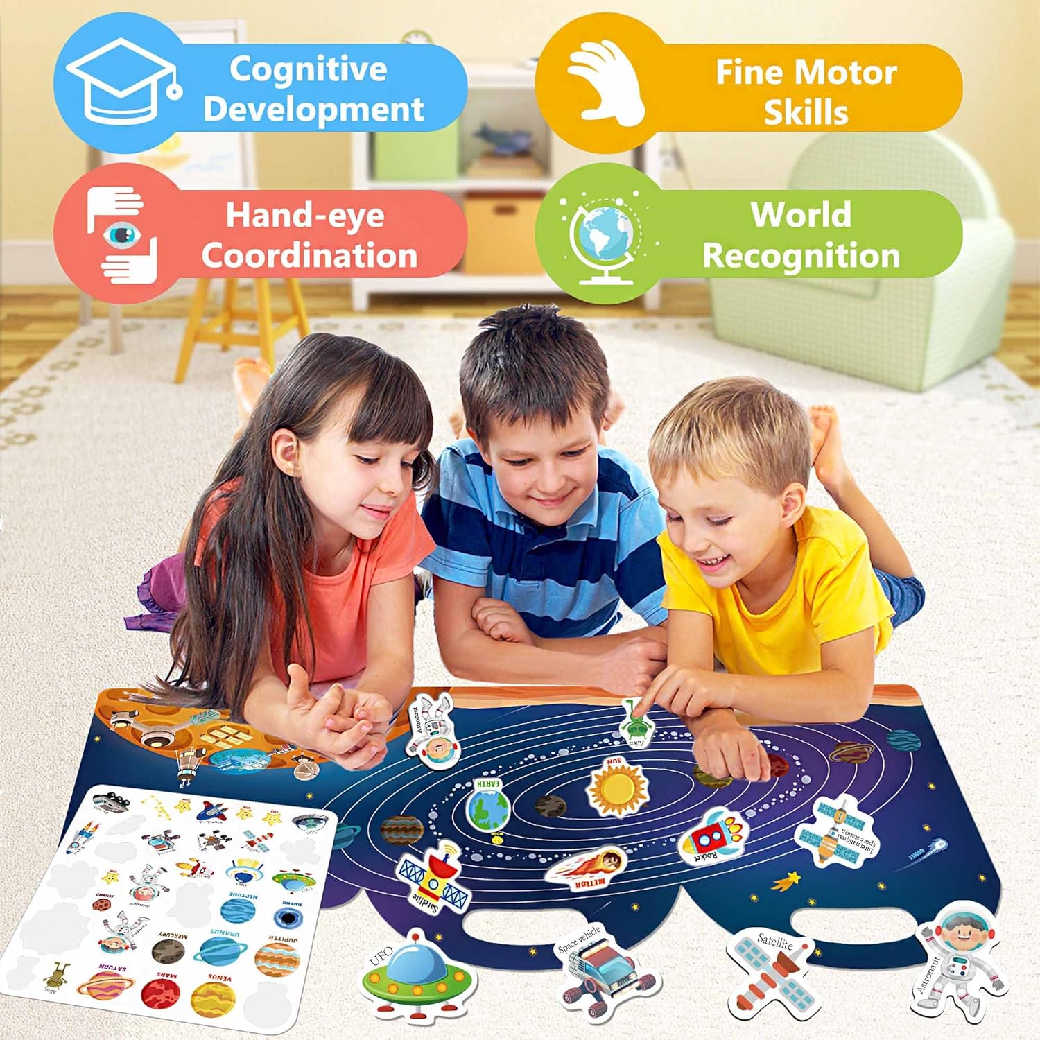 Reusable Sticker Books for Kids, Jelly Quiet Book, Preschool Learning Activities Busy Book for Toddler Travel Toys Waterproof Stickers for Kids 2 3 4 5 6 Year Old Girls Boys (Space)