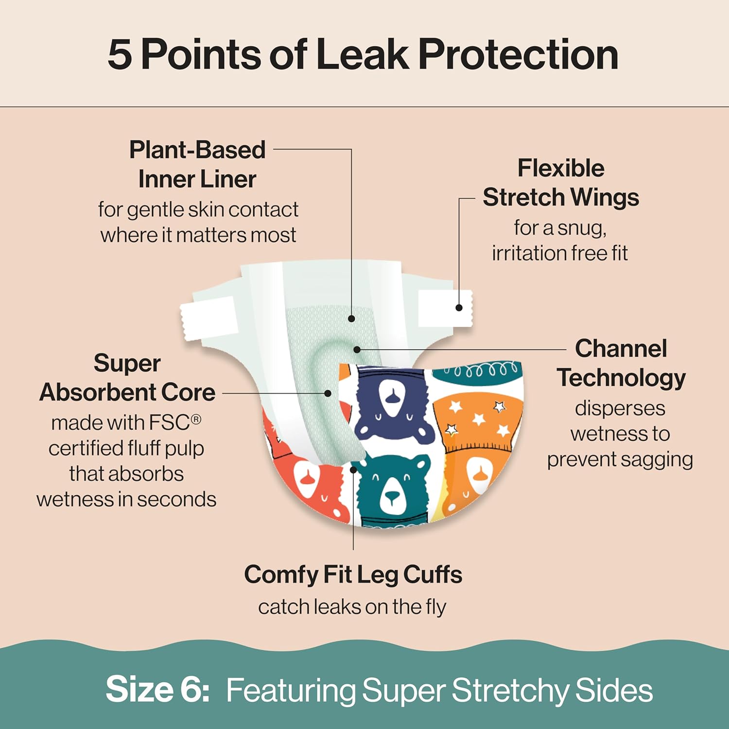 The Honest Company Clean Conscious Diapers for Delicate Skin | Up to 100% Leakproof | Hypoallergenic, Fragrance Free | Gender Neutral | Super Club Box, Size 6 (35+ lbs), 68 Count (Prints May Vary)