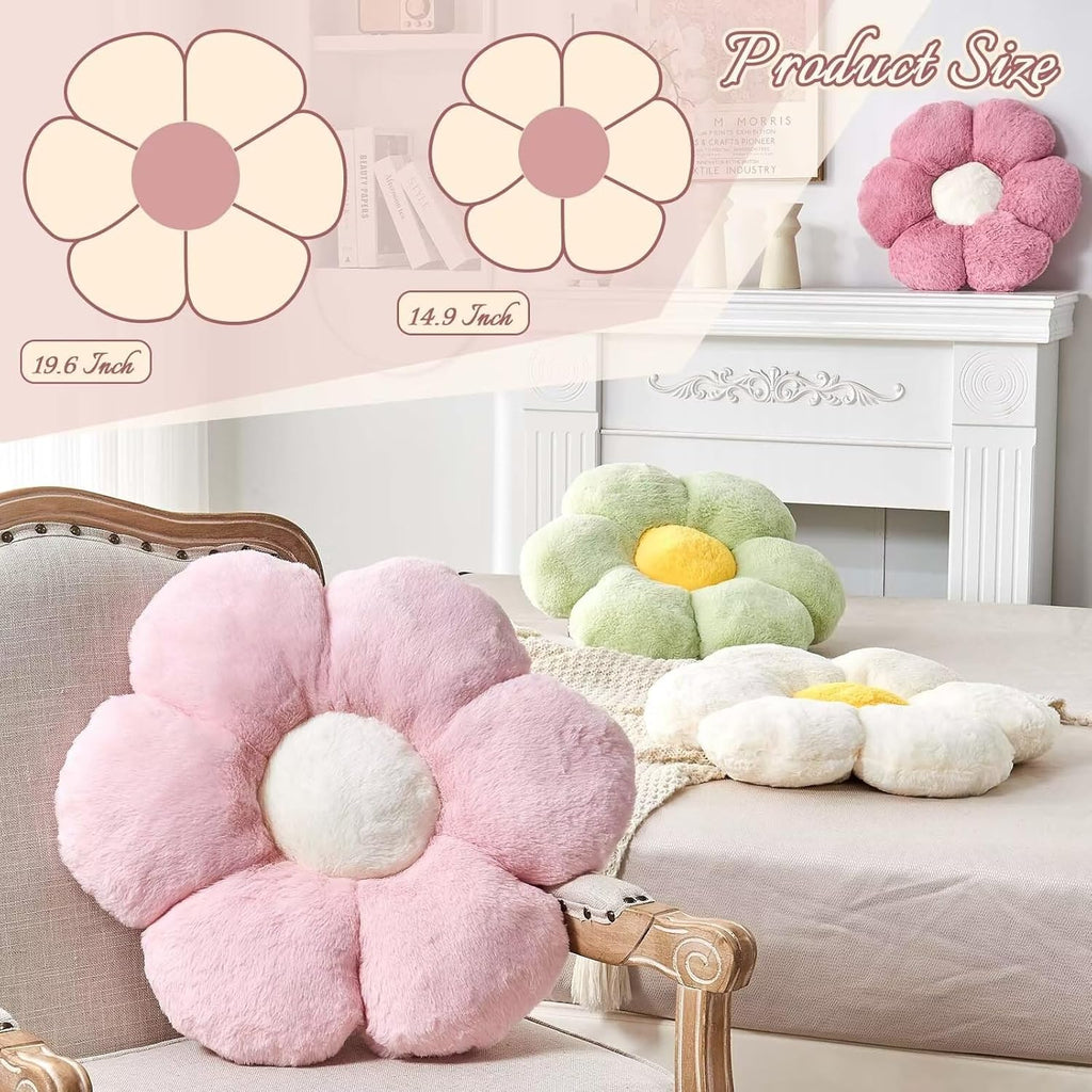 Green Flower Shaped Throw Pillow with Faux Rabbit Fur, 14.9" Soft Plush Throw Pillow for Bedroom Living Room