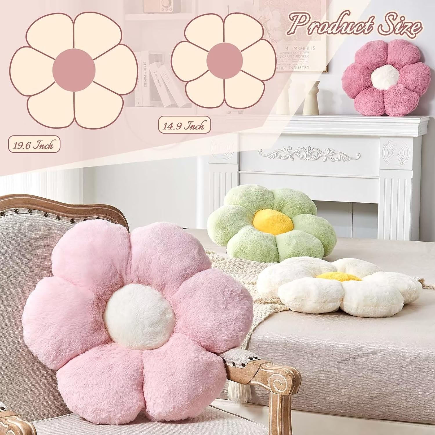 Pink Flower Pillow, Cute Decorative Flower Shaped Throw Pillow with Faux Rabbit Fur, 19.6" Soft Flower Plush Throw Pillow Floor Pillows Room Décor for Bedroom Living Room