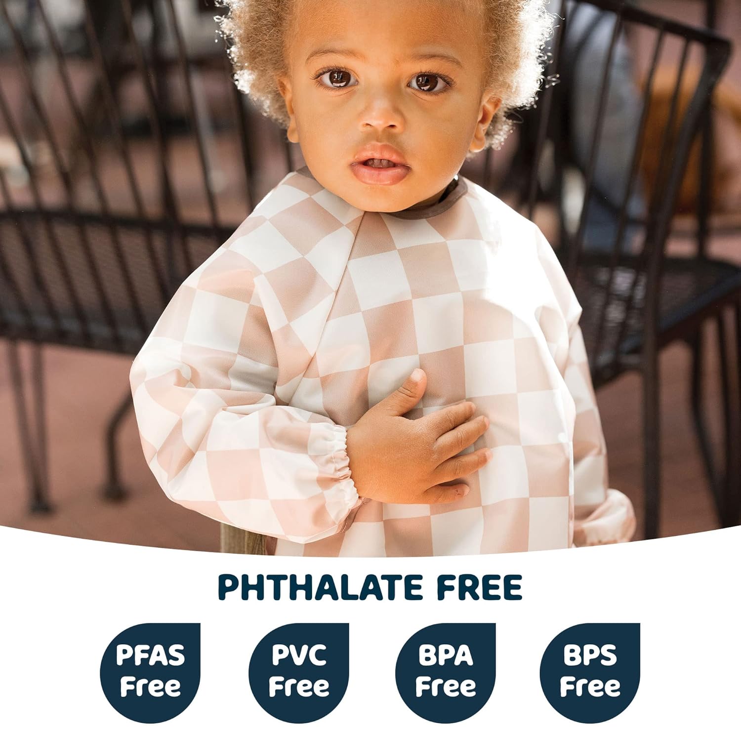 Tiny Twinkle Mess Proof Baby Bib,Waterproof Smock Baby Bib for Eating,Machine Washable Long Sleeve Bib,Baby Led Weaning,Toddler Bib,BLW Supplies(Checkers Brown, Small 6-24 Months)