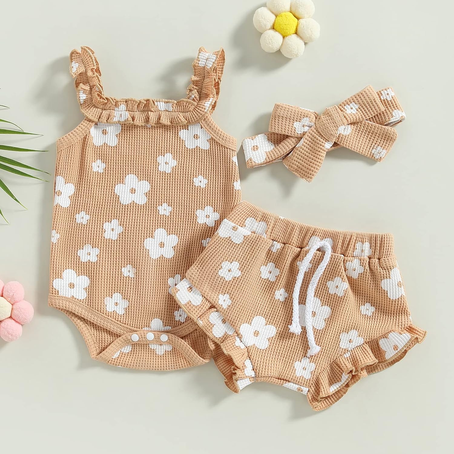 fhutpw Baby Girl Clothes Summer Cute Outfits 3 6 12 18 Months Spaghetti Strap Romper & Floarl Shorts Sets