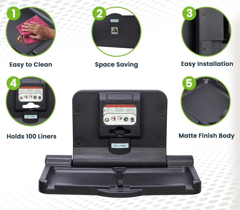 Alpine Wall Mounted Baby Changing Station - Horizontal Baby Changing Table Foldable Diaper Tables with Safety Strap for Commercial Bathroom, ADA Complaint (Hardware Included) Black