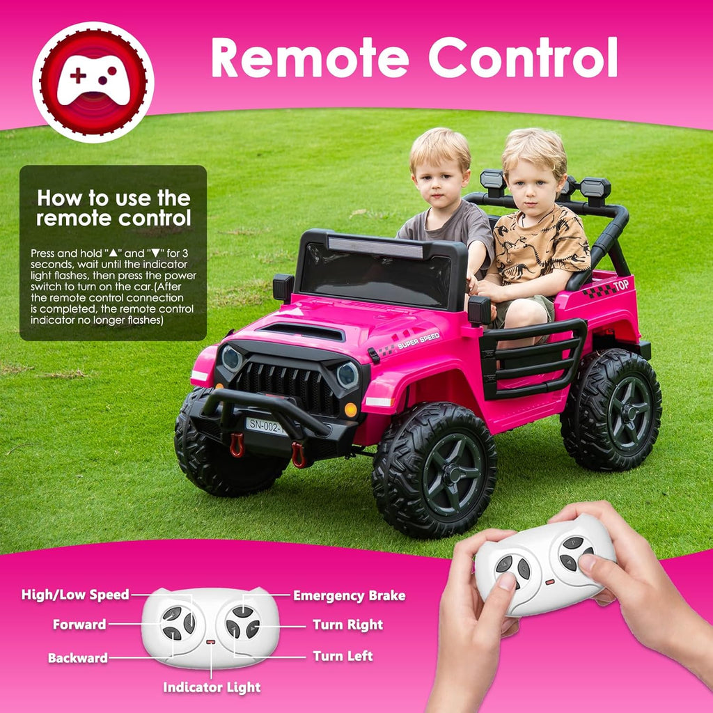 24V 2 Seater Ride On Truck with Remote Control 4WD Electric Car for Kids Ride On Car Battery Powered Ride On Toy Car with Music Player, LED Lights, Bluetooth, Rear Shock Absorber, Hot Pink