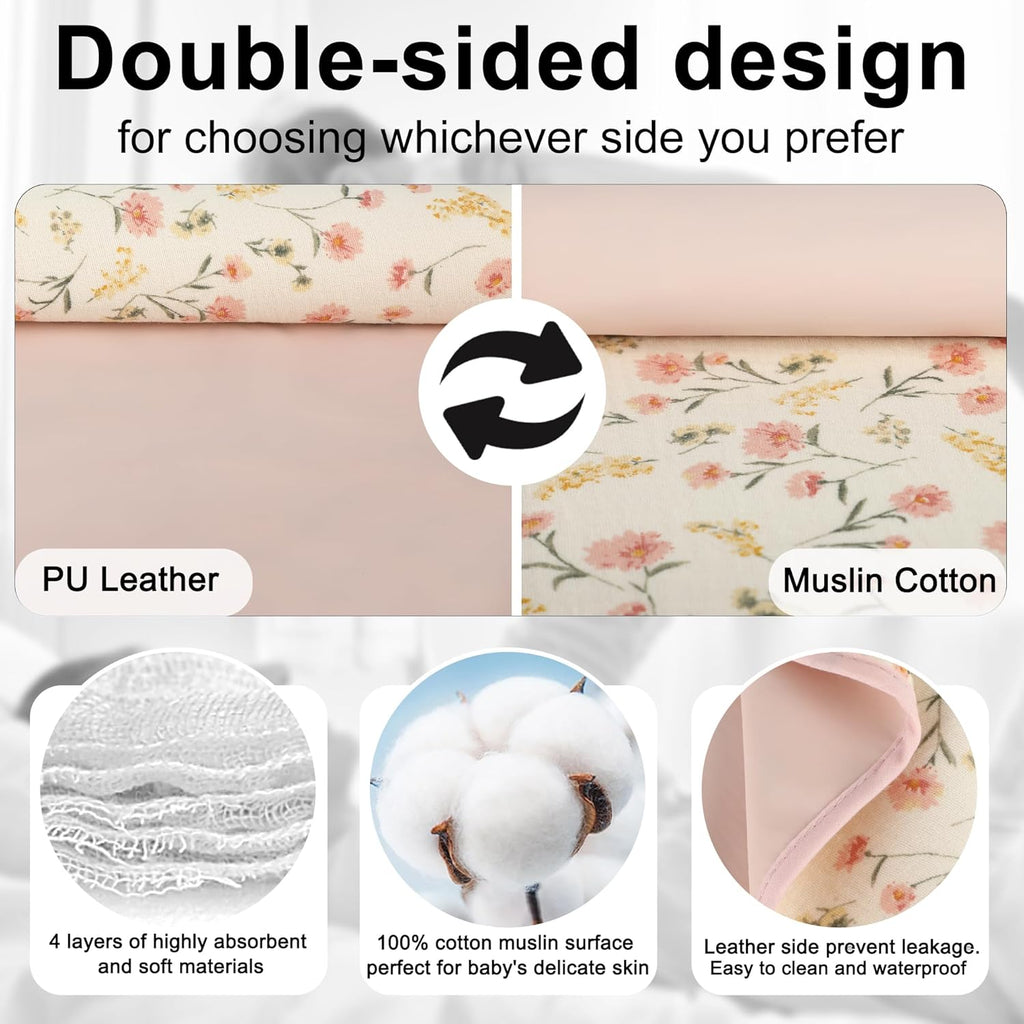 Baby Diaper Changing Pad, 19.7"x25.6" Waterproof Changing Pad Liners with 100% Muslin Cotton Front Top and Leather Back, Soft and Absorbent Portable Changing Mat for Travel, Changing Station