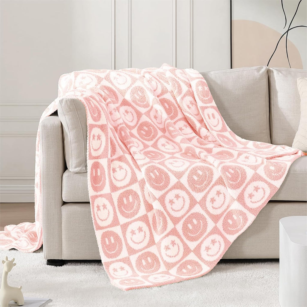 WRENSONGE Checkered Throw Blanket Blossom Smiling Face Soft Cozy Fluffy Warm Hand Made Throw Blankets for Couch, Sofa, Chair, Bed, Camping, Picnic, Travel Lightweight Bed Blanket - 50"*60"