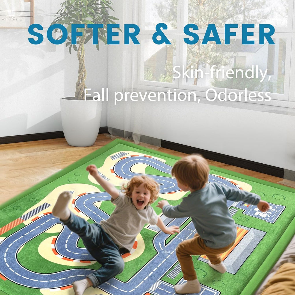 Race Track Playmat Rug, 1.3" Toddler Safety Elasti-Foam Playmat 59"×79" Fun and Education Large Floor Mat for Crawling Activity Race Car Track Play Mat for Boys & Girls