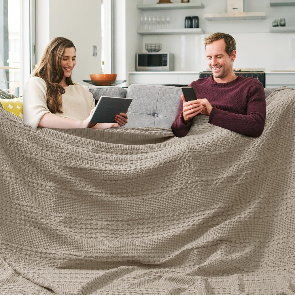 PHF 100% Cotton Waffle Blanket Oversized King 120"x120", Lightweight Breathable Extra Large 10'x10' Summer Blankets for Bed, Giant Big Luxury Aesthetic Woven Bedding for Home Decor, Simply Taupe
