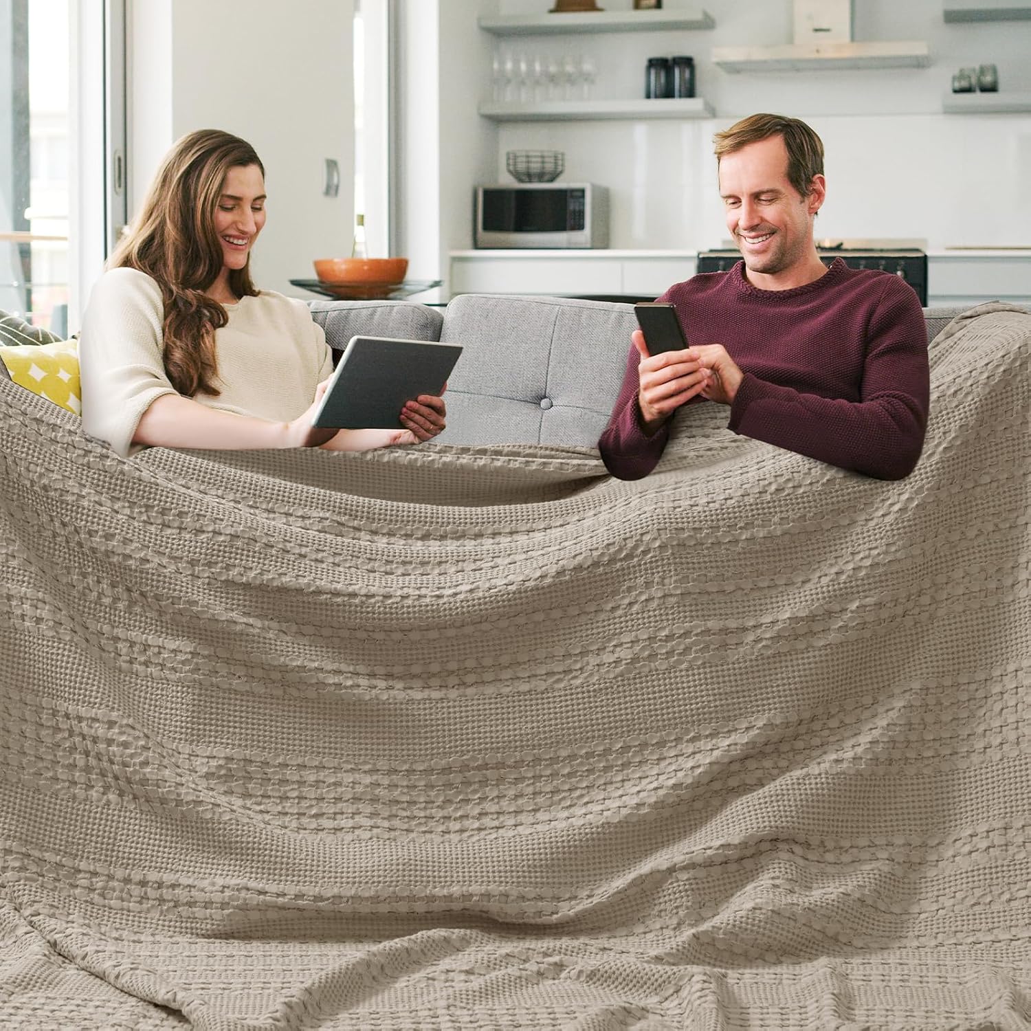 PHF 100% Cotton Waffle Blanket Oversized King 120"x120", Lightweight Breathable Extra Large 10'x10' Summer Blankets for Bed, Giant Big Luxury Aesthetic Woven Bedding for Home Decor, Simply Taupe