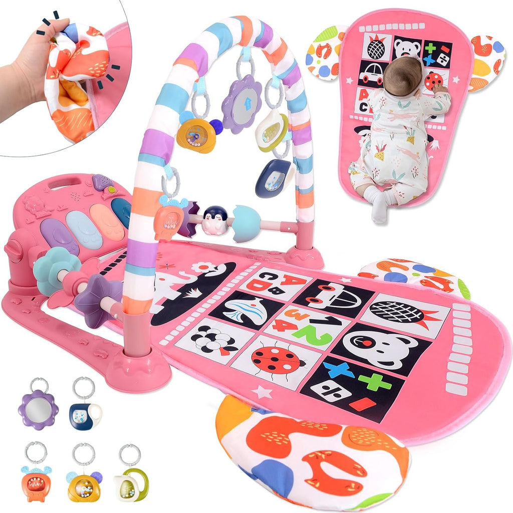Baby Play Gym for 0-6 Months, High Contrast Tummy Time Mat, Kick and Play Piano, Music and Lights, Newborn Gifts for Girls, Pink