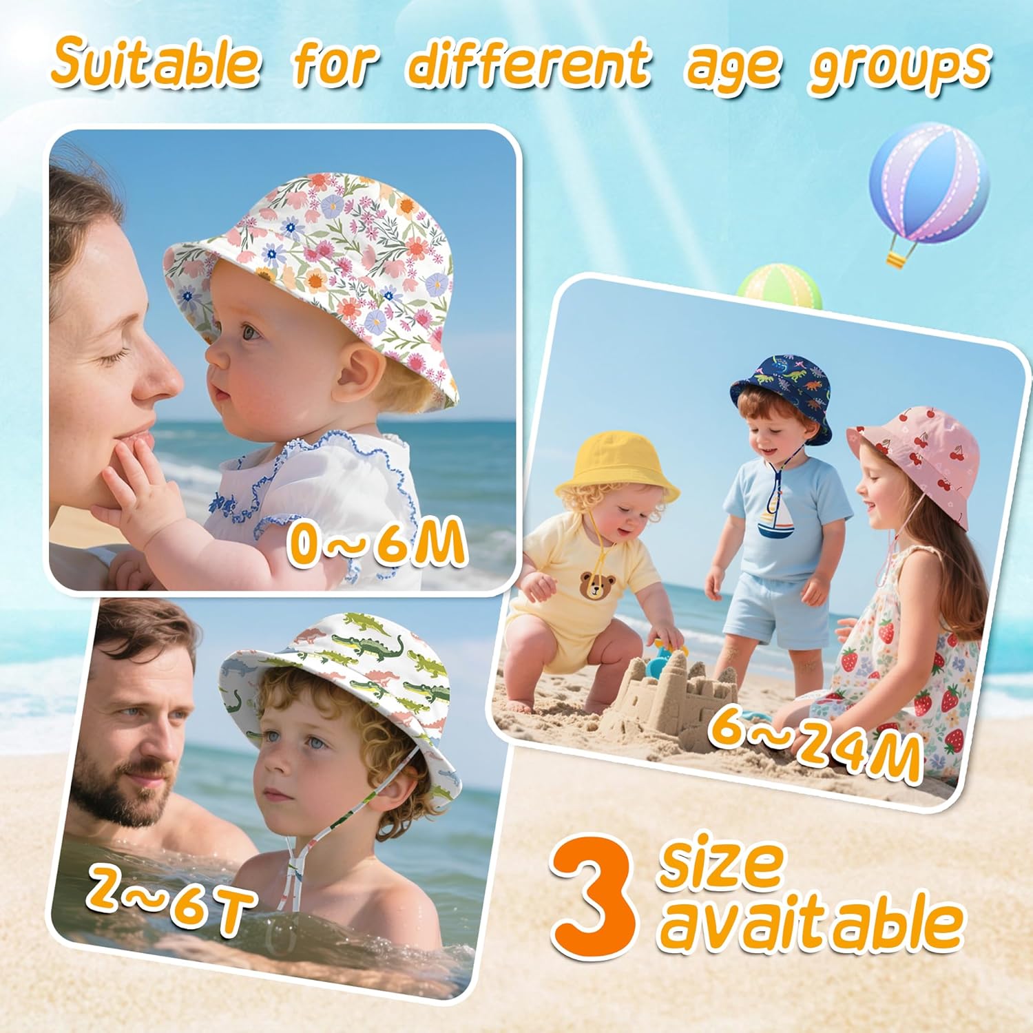 Baby Sun Hat 0-6 Years Toddler Boys Girls Adjustable Bucket Hats Kids Bucket Hats UPF 50+ Wide Brim Beach Swim Pool