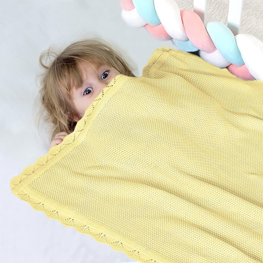 100% Cotton Baby Blanket Knit Soft Warm Lace Toddler Newborn Nursery Blanket, 30 x 40 Inches, Lemon Yellow