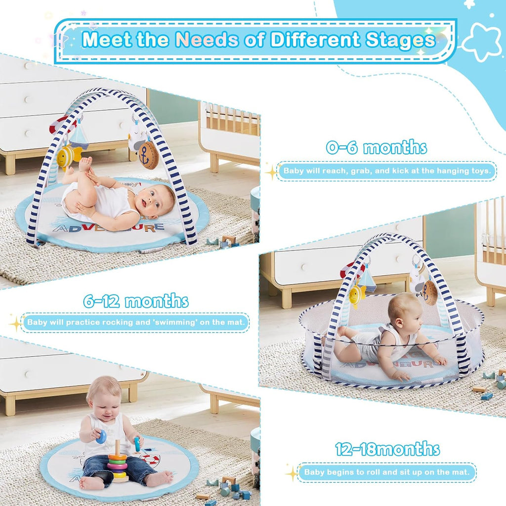 Baby Play Mat, 4-in-1 Baby Play Gym Tummy Time Mat with Ball Pit and 5 Detachable Toys for Newborn to Develop Sensory Exploration and Motor Skill 0-6-12 Months