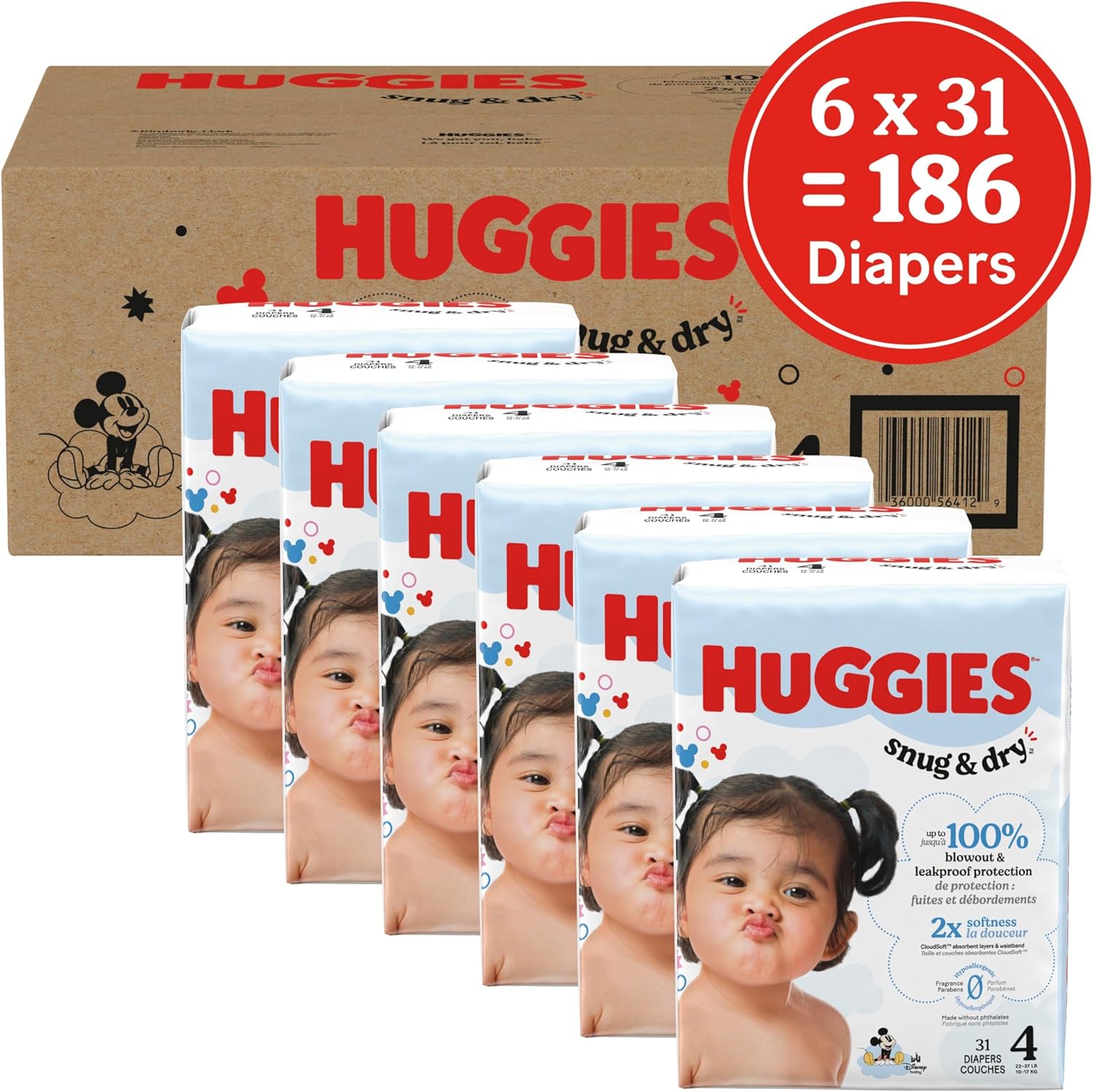 Huggies Size 4 Diapers, Snug & Dry Baby Diapers, Size 4 (22-37 lbs), 186 Count (6 Packs of 31), Packaging May Vary