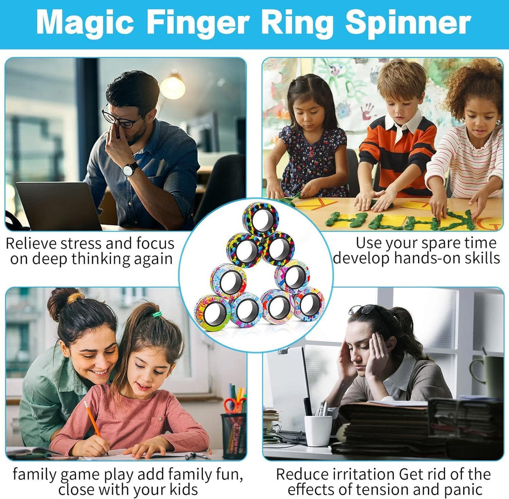 12Pcs Magnetic Rings Fidget Toys Spinner Set,Finger Magnet Rings Endless Hours of Fun ADHD Stress Relief Fidget Spinner for Relieve Anxiety Birthday for Adults Teens Kids