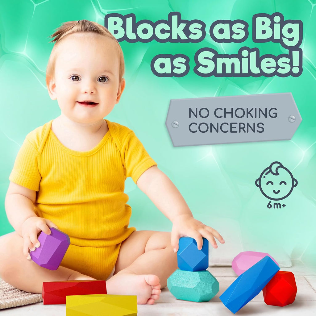 Wooden Stacking Blocks – Montessori Toys for 1 2 3 4 5 6 Year Old Toddlers and Kids, No Choking Hazard – Building Rocks Stones Games, for Girls and Boys