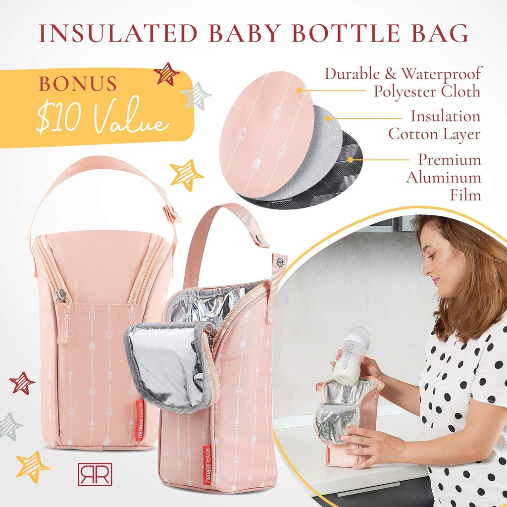 Premium Portable Diaper Changing Pad – CPC Certified Waterproof 2-in-1 Diaper Clutch & Changing Mat with Head Cushion – Bonus Insulated Bottle Bag – Travel Kit Gift for Baby Girls & Boys (Peach)