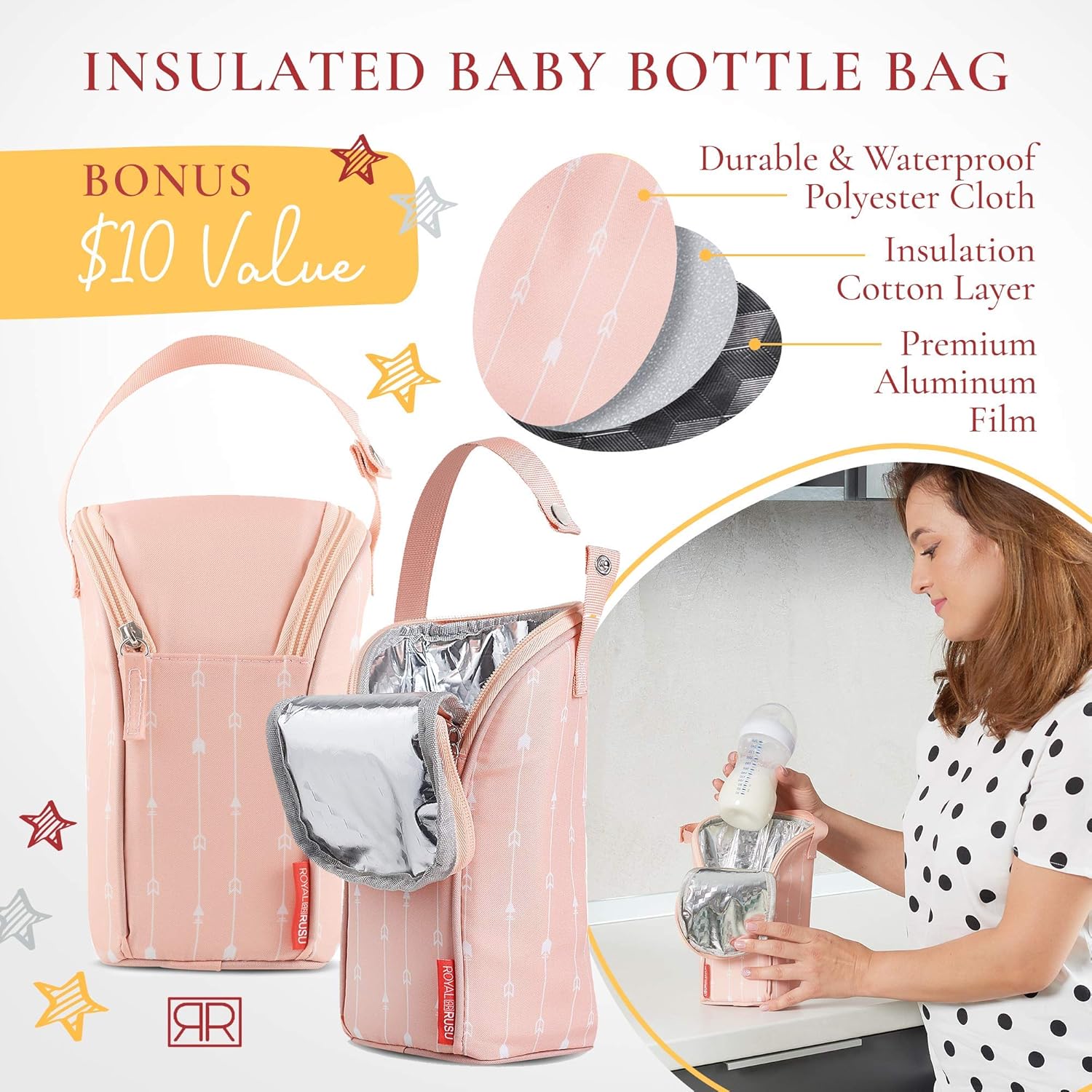 Premium Portable Diaper Changing Pad – CPC Certified Waterproof 2-in-1 Diaper Clutch & Changing Mat with Head Cushion – Bonus Insulated Bottle Bag – Travel Kit Gift for Baby Girls & Boys (Peach)