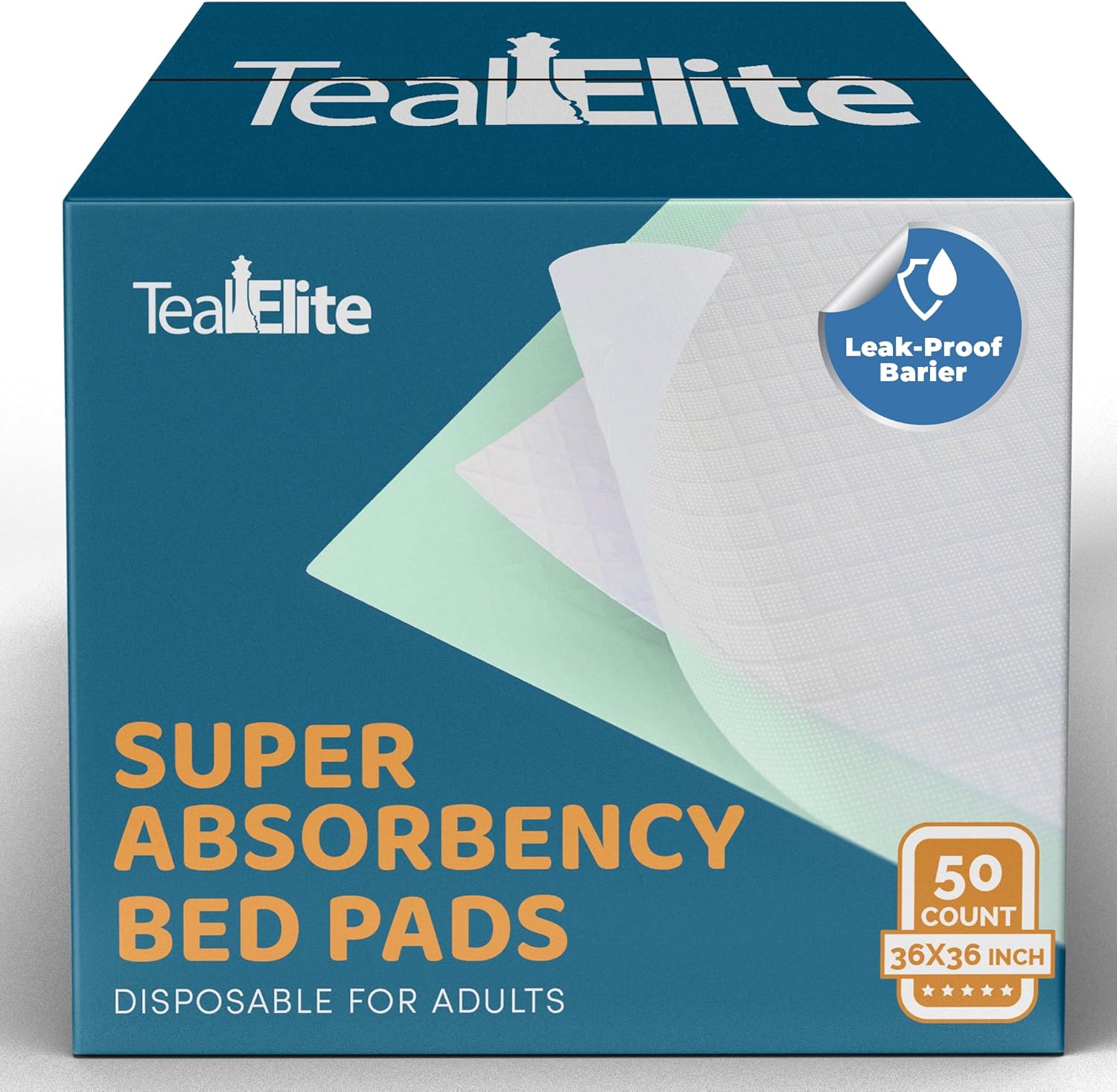 Teal Elite Chucks Pads Disposable Adult 36 x 36, 50 Count - Extra Large Bed Pads Disposable Adult, Super Absorbent Incontinence Bed Pads, Puppy Pads, Pee Pads for Adults, Great for Babies & Pets