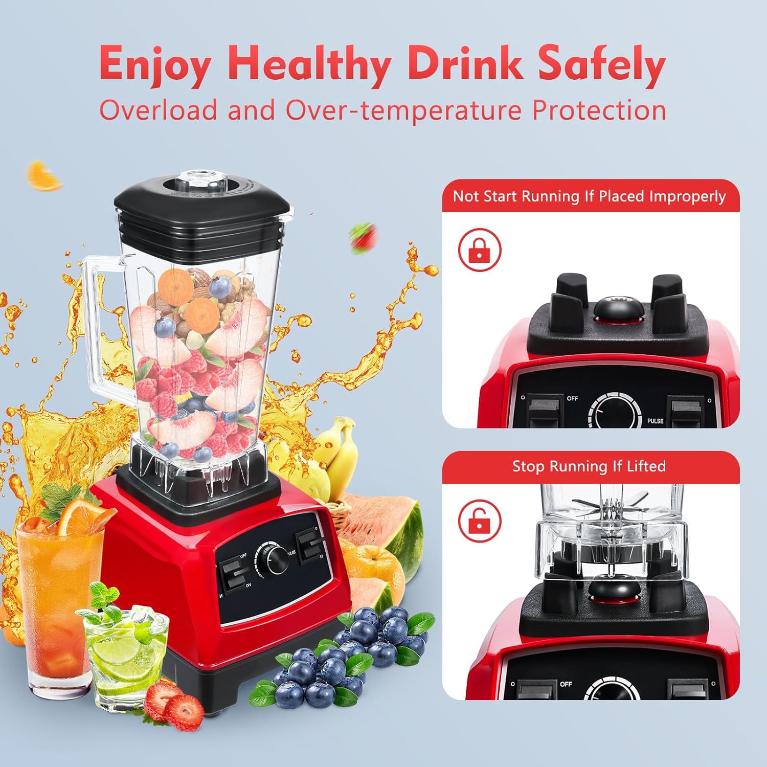 Blender 2L Automatic Smoothie Mixer Baby Food Blender 68oz Fruit Vegetables Juicer 2200W High-Speed Blender Tabletop Soundproof Milkshake Maker (Red)