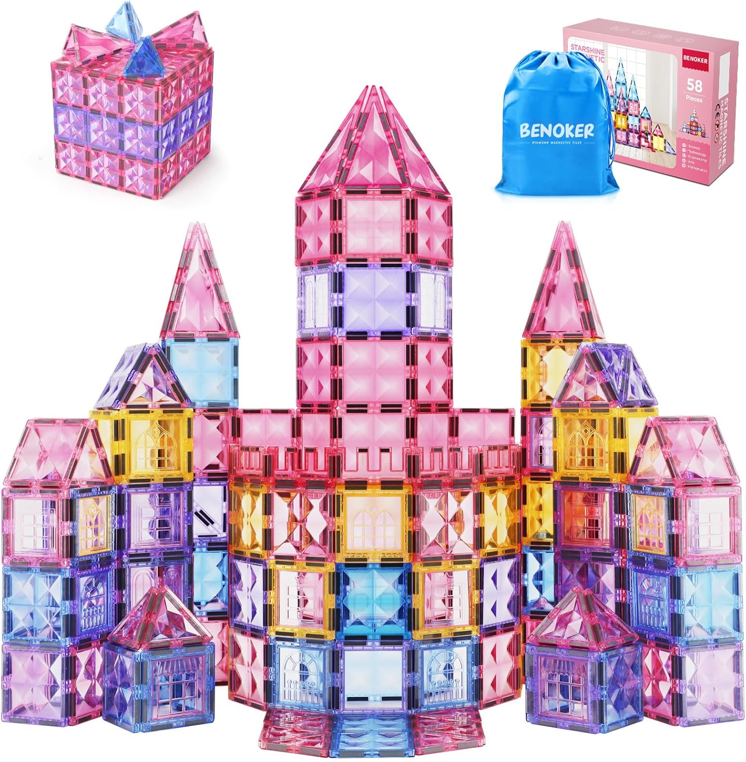 Pink Castle Magnetic Tiles for Kids Ages 3-8, 3D STEM Toys with Sparkling Building Blocks, Creative Educational Gift for Boys and Girls, Preschool Learning Toys for Birthday