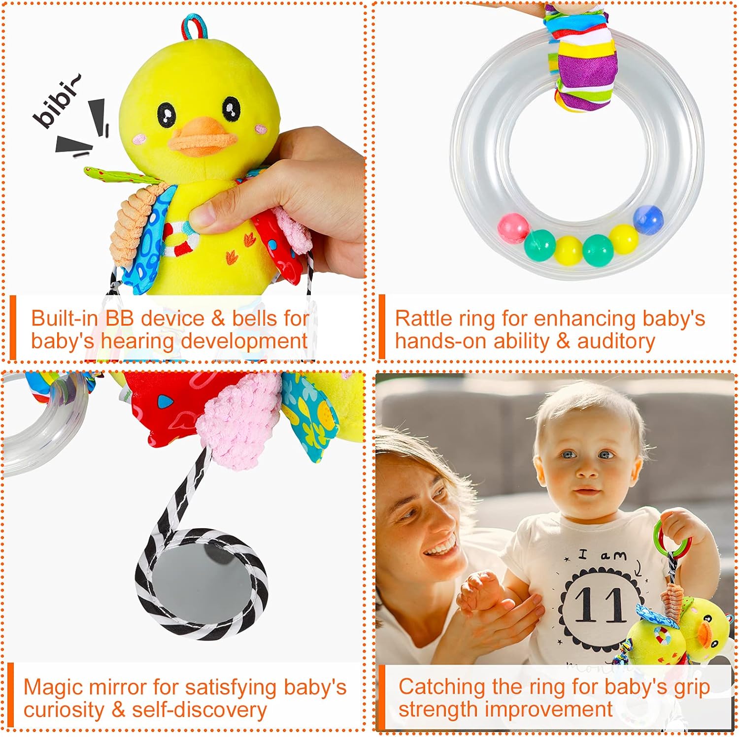 Baby Stroller Car Seat Toys for Infant with Teether Hanging Rattle, Clip on Stroller, Soft Plush Baby Toys for Boys and Girls 3-12 Months