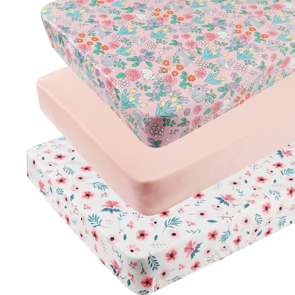 Pack n Play Sheet Stretchy Fitted Portable Mini Crib Sheets Set 3 Pack,Playard Sheets Convertible Playard Mattress Cover,Ultra Soft Jersey Material,Floral,Grey Rabbit & Pink