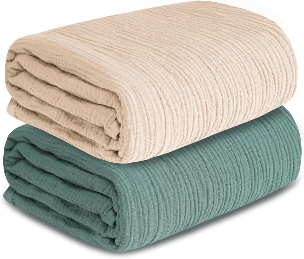 Muslin Swaddle Blankets for Newborn, 2 Pack Breathable Soft Receiving Blanket, Large 41 x 41 inches Swaddle Wrap Burping Clothes, Essentials Infant Shower Items. (Beige & Green)