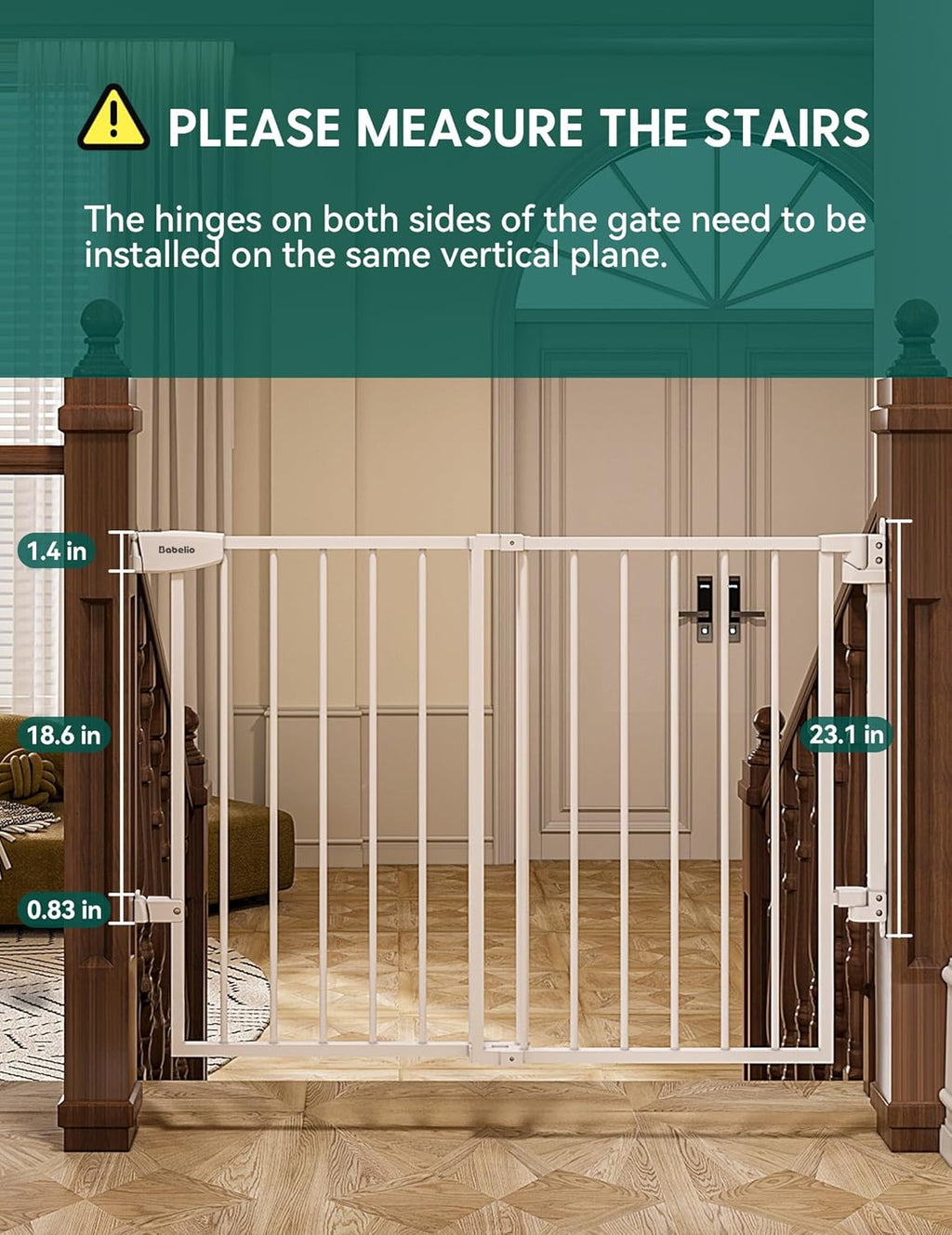 Babelio 29.7-46.5" No Bottom Bar Baby/Dog Gate for Stairs, House and Doorways, Auto Close Safety Pet Gates with Large Walk Thru Door, Hardware Mount, White