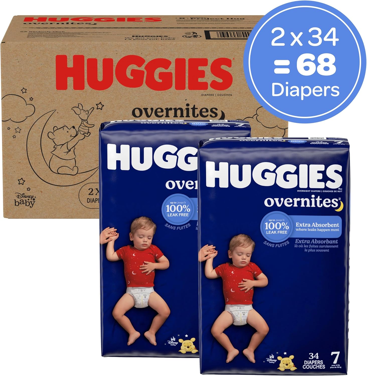 Huggies Size 7 Overnites Baby Diapers: Overnight Diapers, Size 7 (41+ lbs), 68 Ct (2 Packs of 34), Packaging May Vary