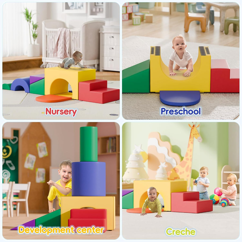 Soft Foam Climbing Blocks Set – Large 5-in-1 Soft Play Toys Crawling & Sliding Climbing Arch for Toddlers, Foam Playset for Nursery,Preschool (Classic American Color)