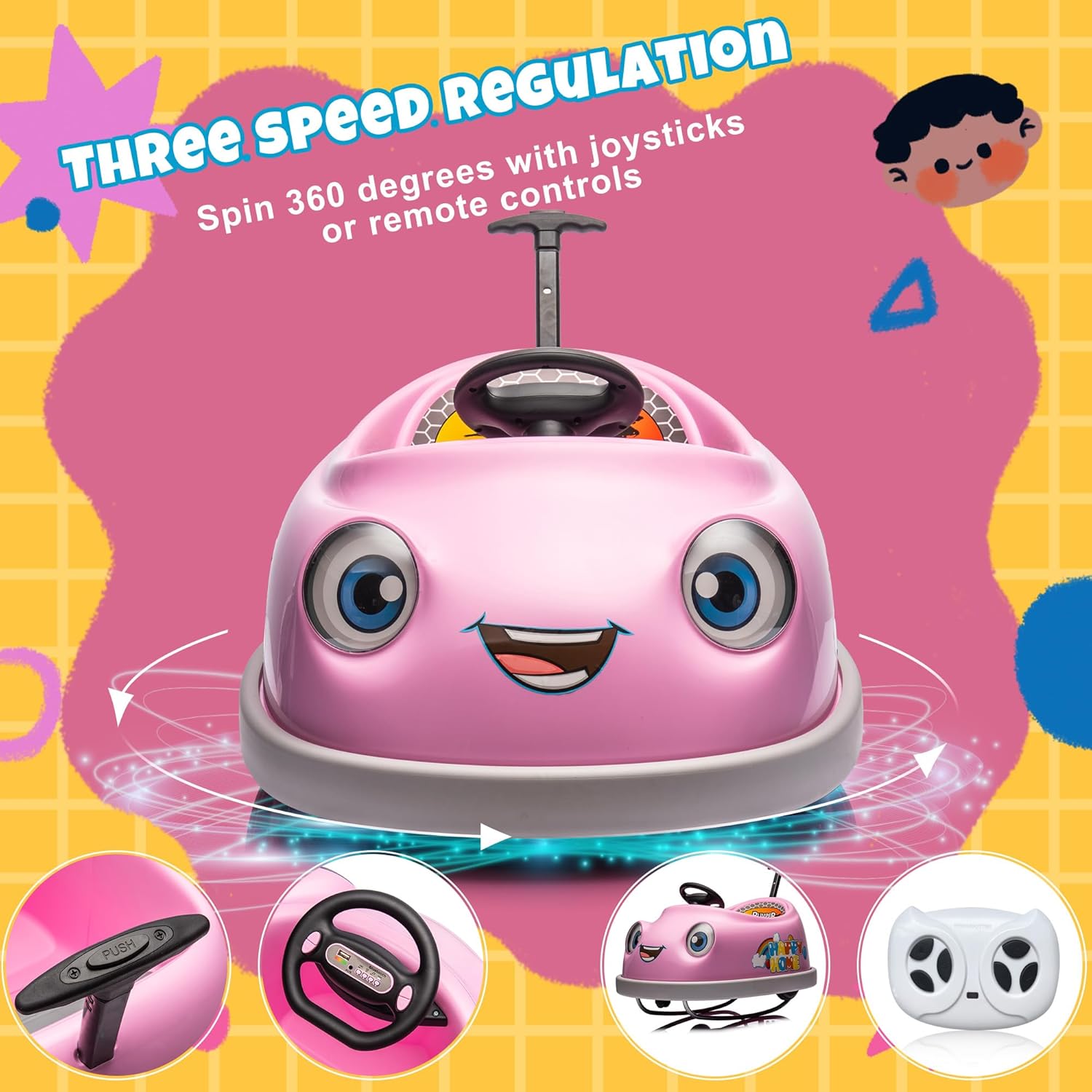 12V Dual Battery Electric Ride on Kids Bumper Car w/Remote Control,360 Degree Spin,Push Rod Rocker Horse Function,3-Speeds Babies & Toddlers Bumping Car Ride on Toy Gift for 1-4 Years Children (Pink)