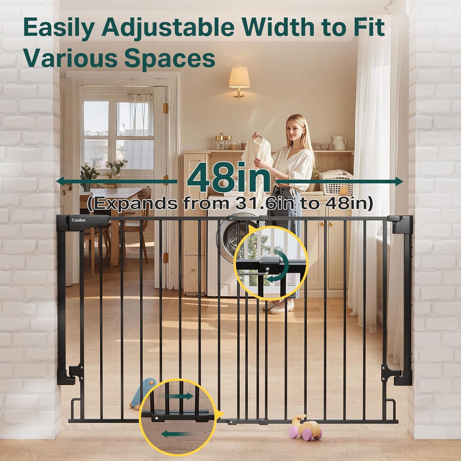 Cumbor 31.6-48" No Bottom Bar Baby Gate for Stairs, 2-in-1 Auto Close Dog Gate Indoor, Hardware Mounted Pet Gate for Doorways with Large Walk Thru Door, Child-Proof Safety Gate for Kids (Black)