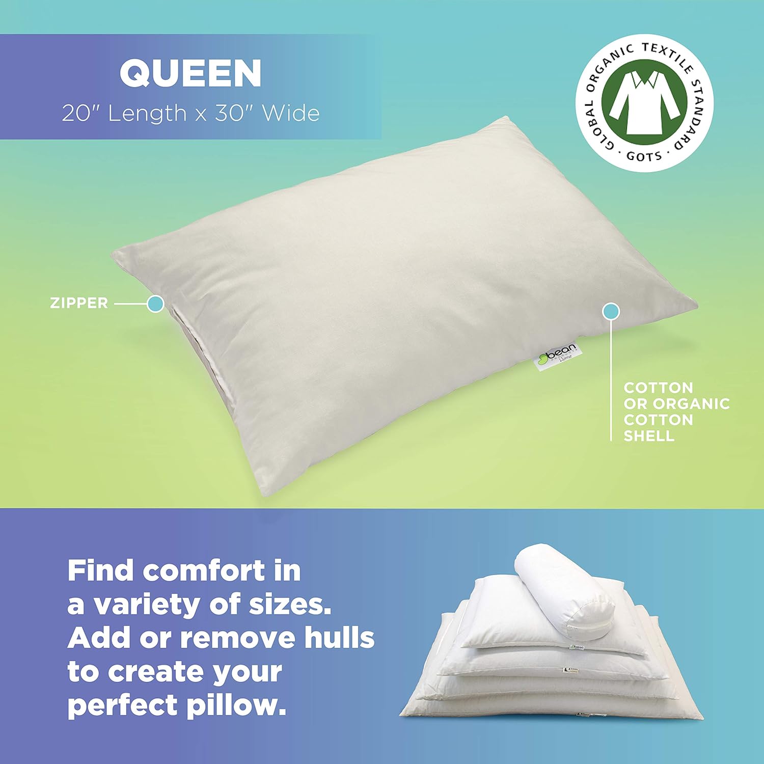 Bean Products 20" x 30" Queen Bed Pillow for Sleeping – Organic Millet Fill with Organic Cotton Fabric, Soft Head Pillow – Eco-Friendly, Breathable, and Durable Sleep Aid, Made in The USA