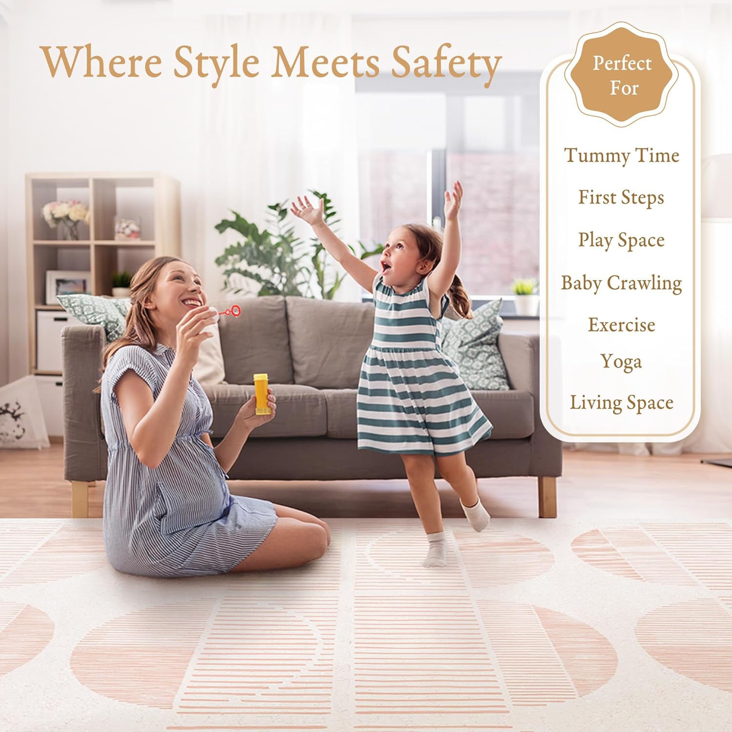 Premium Exercise & Baby Foam Play Mats - Stylish & Large Non-Toxic Odorless Floor Mat - 6 Tiles - Spacious 6ft x 4ft - Peel-Resistant Reinforced - Soft Thick, Waterproof - Cream Pink