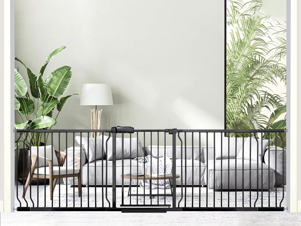 Heavy Duty Baby & Dog Safety Gate 86-104.7 Inch, Black Metal, Pressure Mounted No Drilling Pet Gate for Large Openings