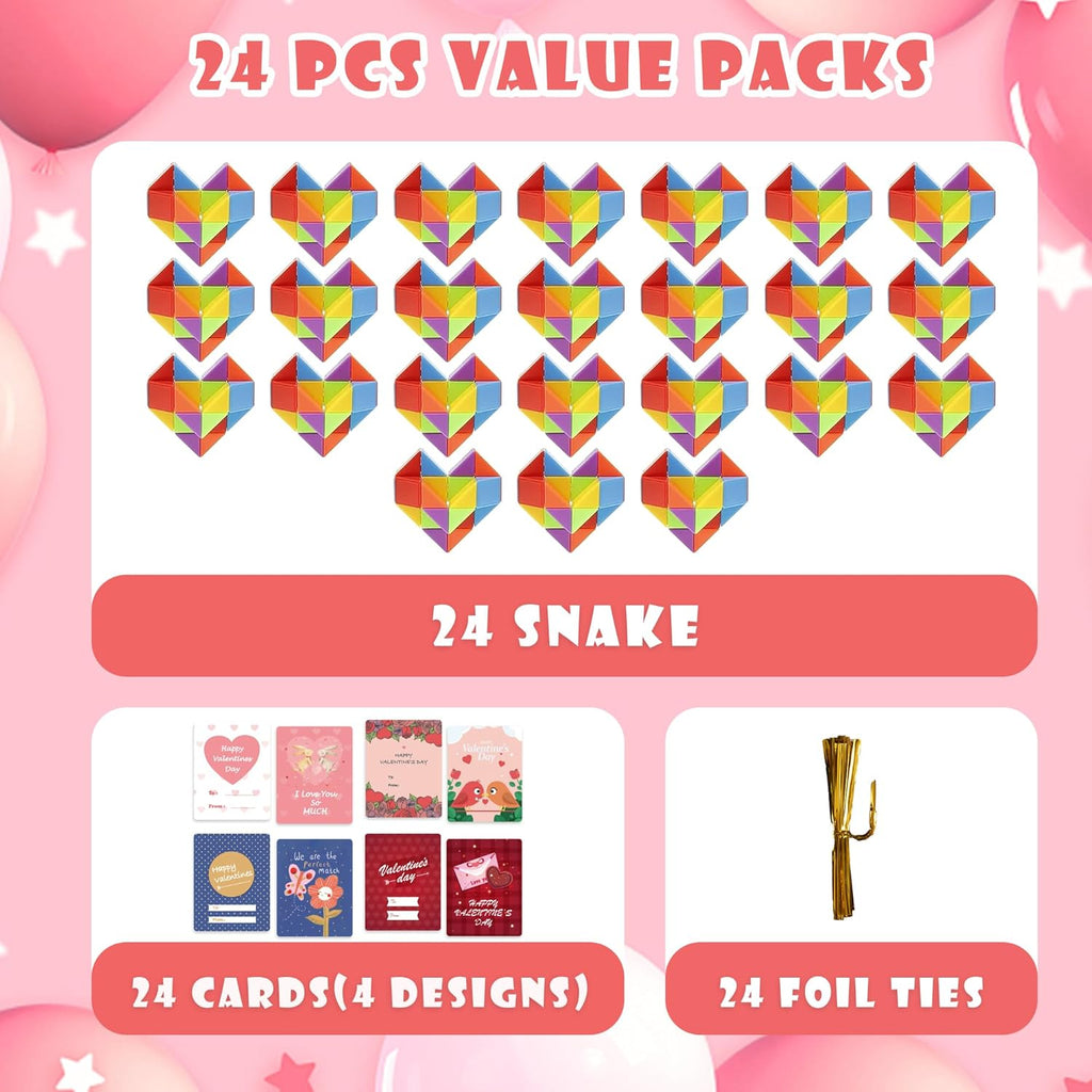 Ganowo 24 Packs Valentine's Day Cards with Rainbow Snake Cube Twist Toys for Kids, Valentines Students Gifts Fidget Toys with Cards for Valentine School Classroom Exchange Party Favor