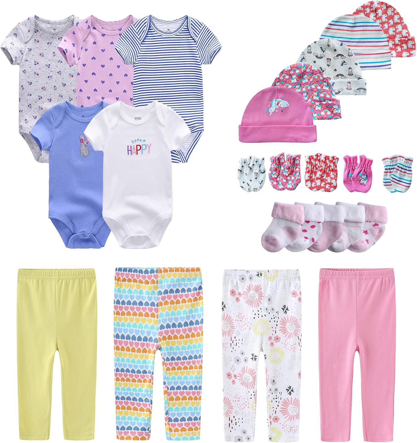 Newborn Layette Gift Set Bodysuits Pants for Baby Girl and Boy 24 Piece 100% Cotton Essentials and Accessories
