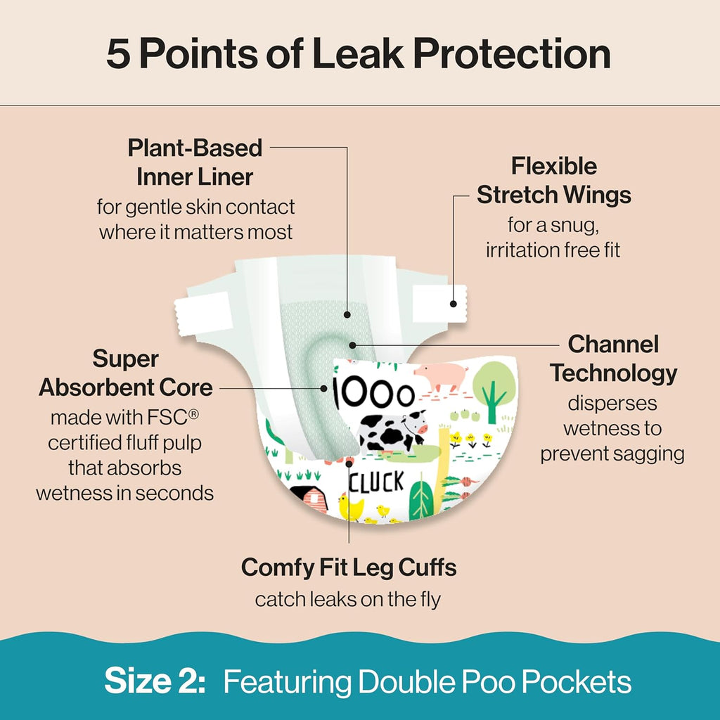 The Honest Company Clean Conscious Diapers for Delicate Skin | Up to 100% Leakproof | Hypoallergenic, Fragrance Free | Gender Neutral | Super Club Box, Size 2 (12-18 lbs), 124 Count (Prints May Vary)