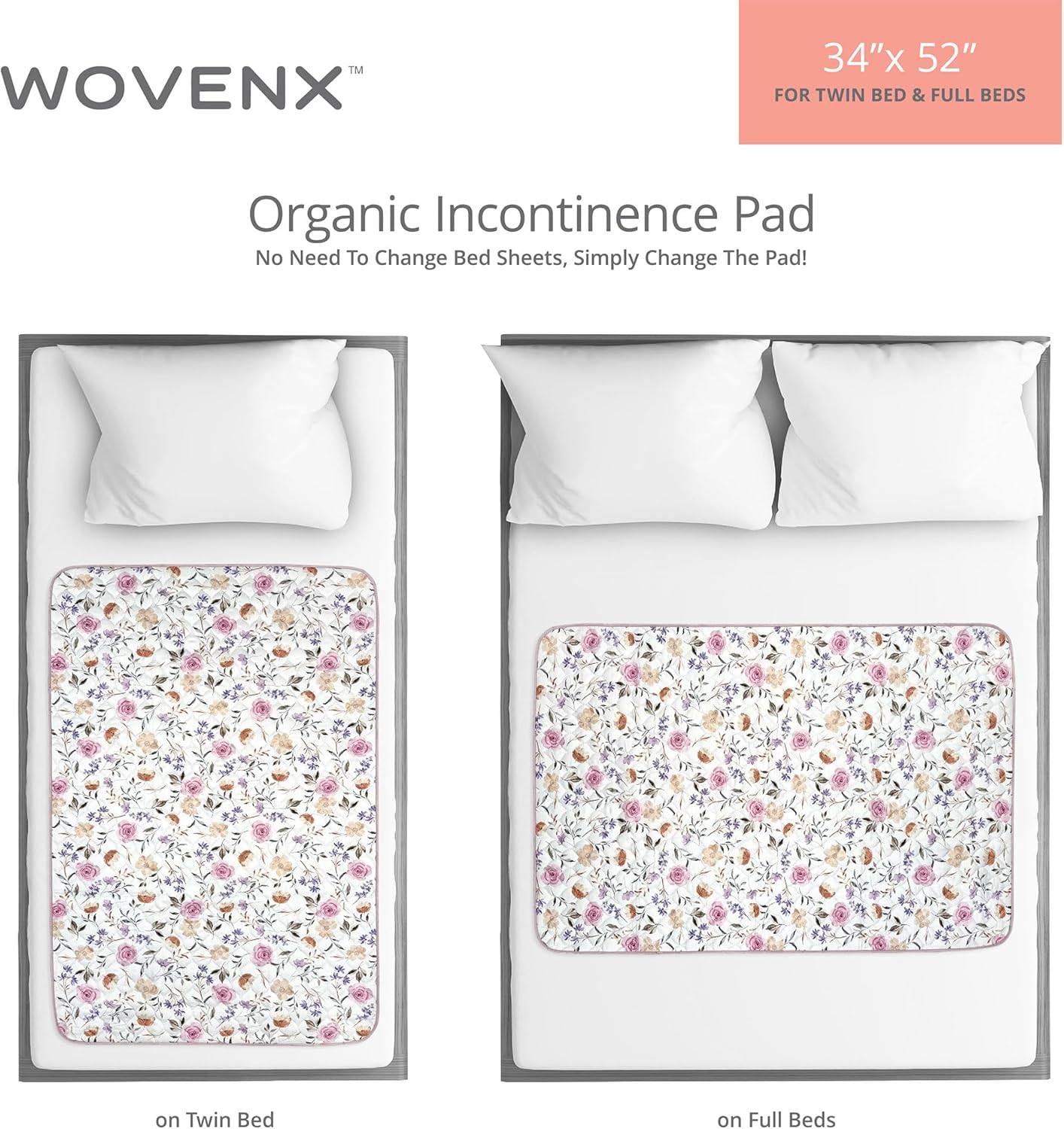 Organic Incontinence Pads for Kids & Toddlers - 5 Layer Waterproof Protectors for Overnight Bed Wetting - Reusable & Washable Pee Pads - Fits Twin to Full Size Beds - 34" x 52" Flower