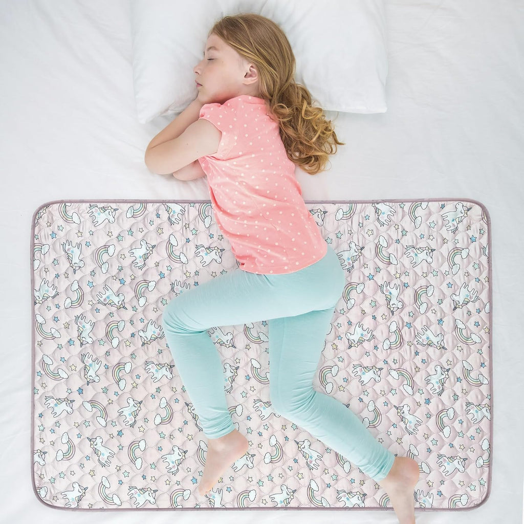 Organic Incontinence Pads for Kids & Toddlers - 5 Layer Waterproof Protectors for Overnight Bed Wetting - Reusable & Washable Pee Pads - Fits Twin to Full Size Beds - 34" x 52" Unicorn