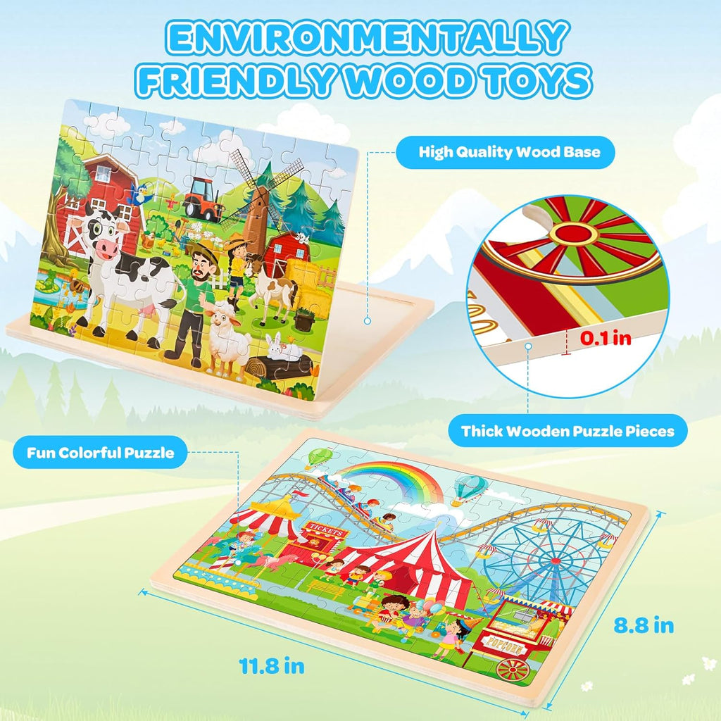 LACCHOUFEE 6 Pack Wooden Vehicle Puzzles for Kids Age 3 4 5 Year Old, 60 Pcs Montessori Toddler Animals Jigsaw Puzzles for Girl boy Activities Preschool Learning Birthday Gift Travel Autistic Toy