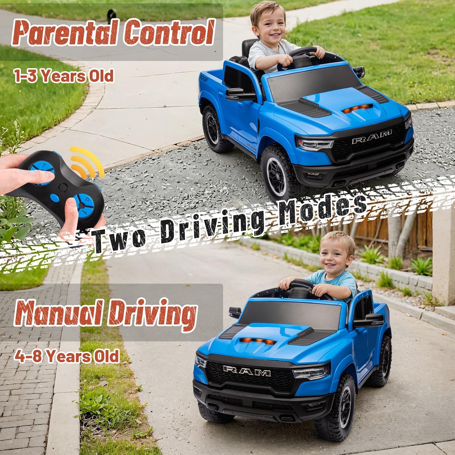Licensed Ram 1500 Ride on Toys for Kids 4-8, Ride-on Electric Car for Kids with Remote Control, Battery Powered with Car Key/Gear Selector, LED Light/Music/MP3, Back Storage (Blue)
