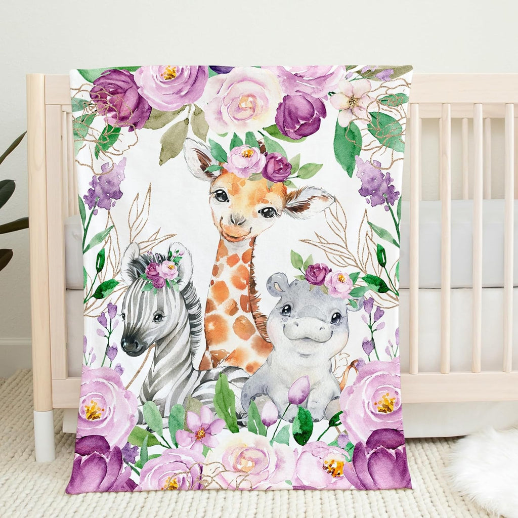 UNIQUE Violet Flowers Safari Ultra Soft Fleece Baby Blanket 30x40in, Cute Zebra Hippo Giraffe Baby Blanket, Girl