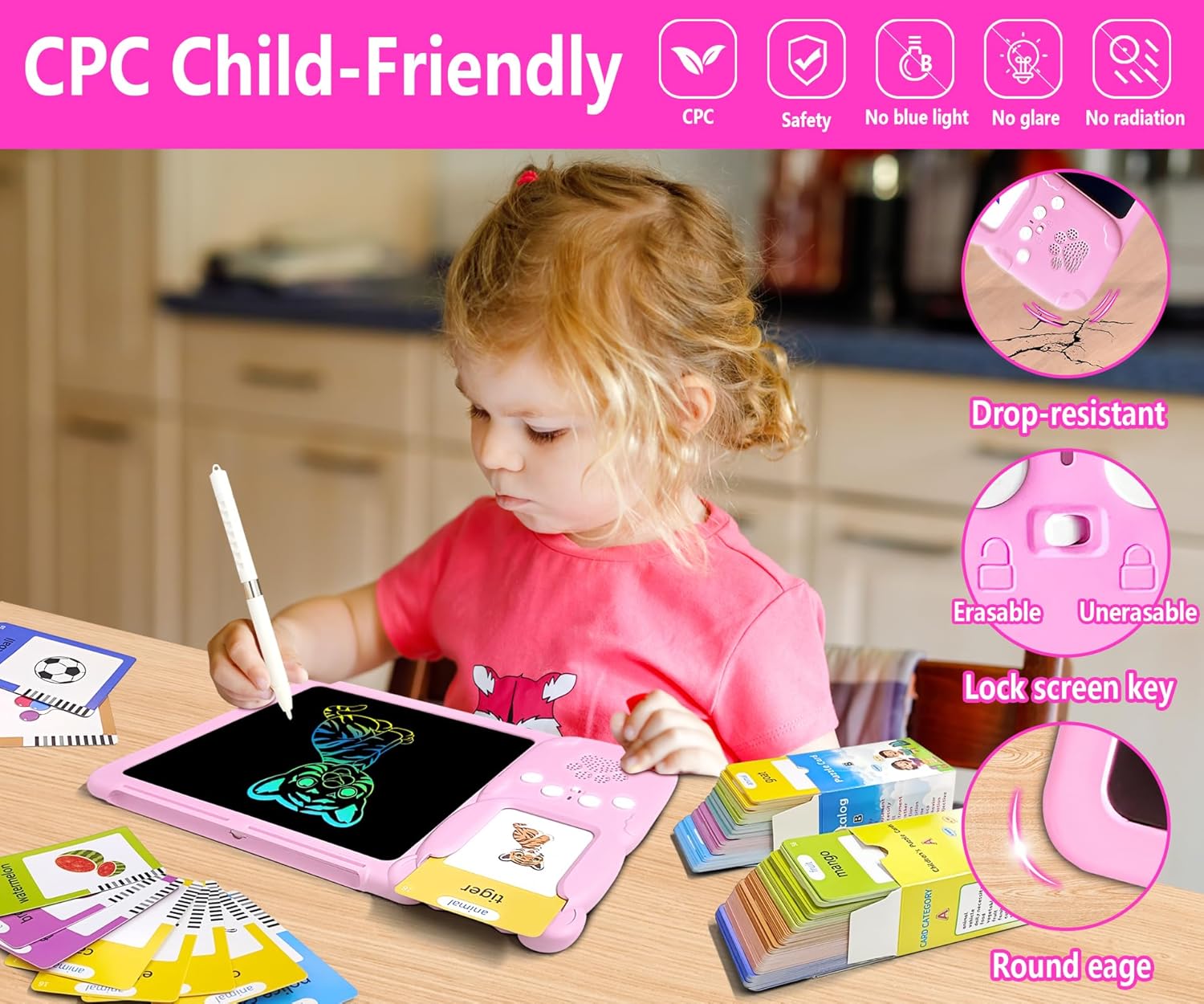 Rylai Toddler Toys Talking Flash Cards, Kindergarten Learning Resources 510 Sight Words with Drawing Tablet for Speaking Doodling, Sensory Toys for Kids with Autism, Boys Girls 2 3 4 5 6, Pink