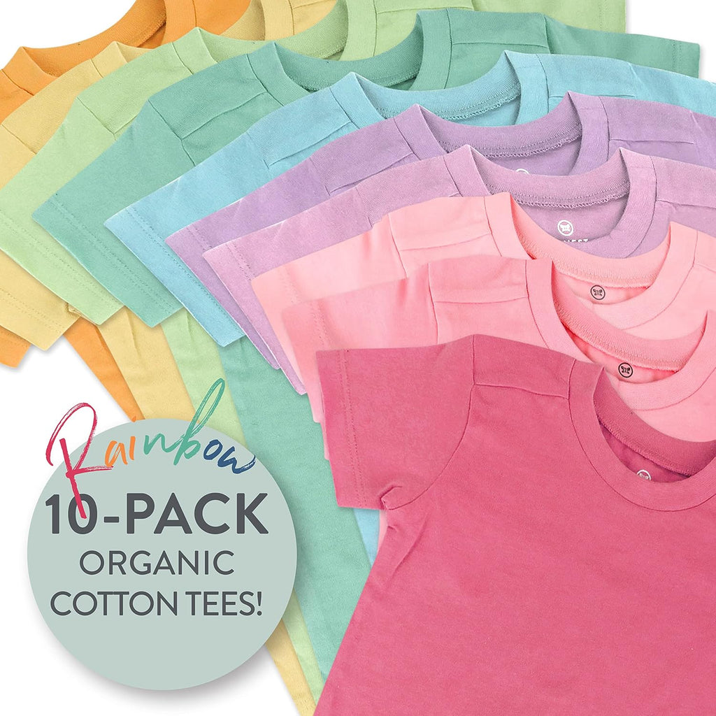 HonestBaby 10-Pack Short Sleeve T-shirts 100% Organic Cotton Baby, Toddler, Little Kids, Boys, Girls, Unisex