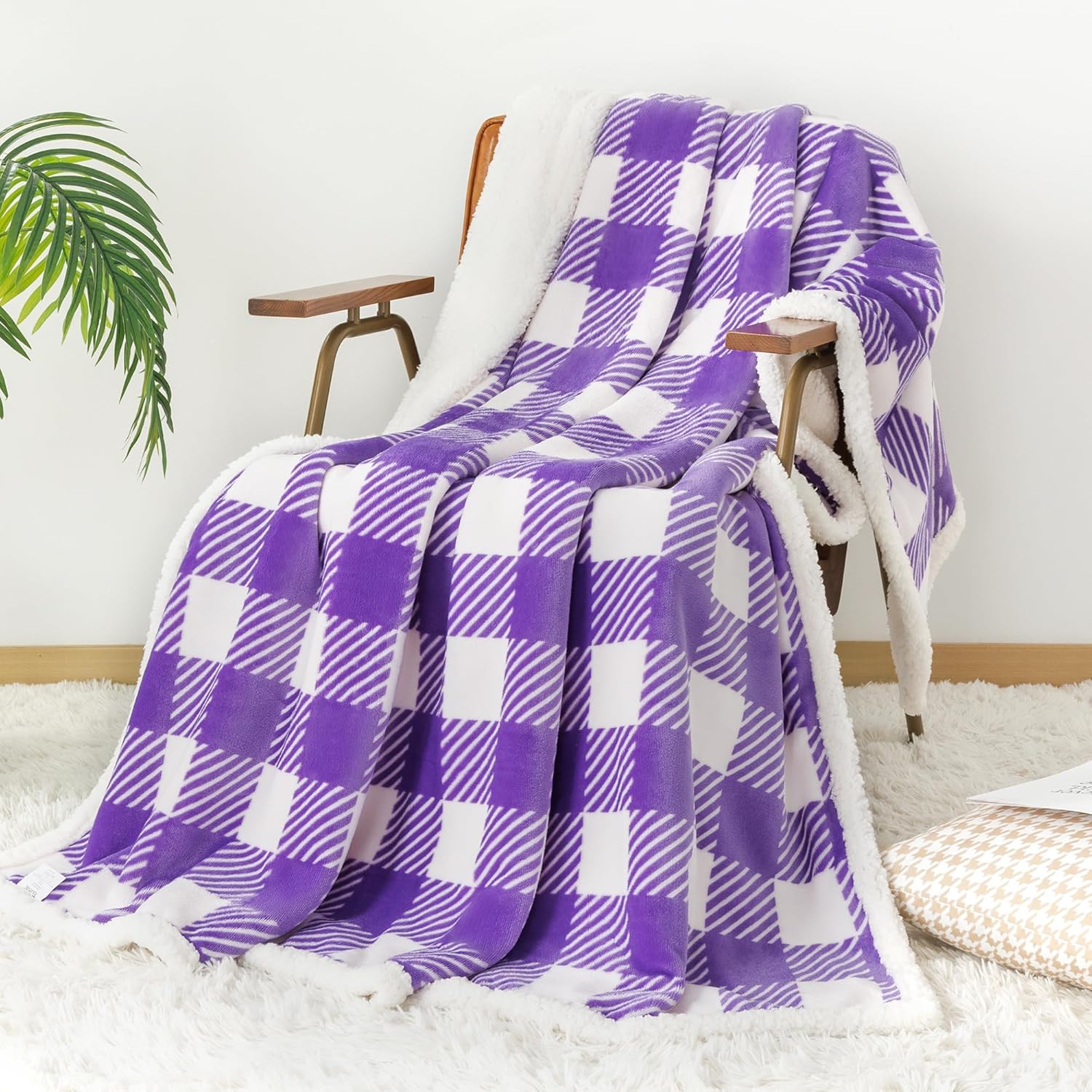 Touchat Sherpa Plaid Twin Blanket 60" X 70", Fuzzy Fluffy Soft Cozy Throw Blanket, Twin Size Plush Fleece Flannel Plush Microfiber Blanket for Couch Bed Sofa (PurpleWhite)