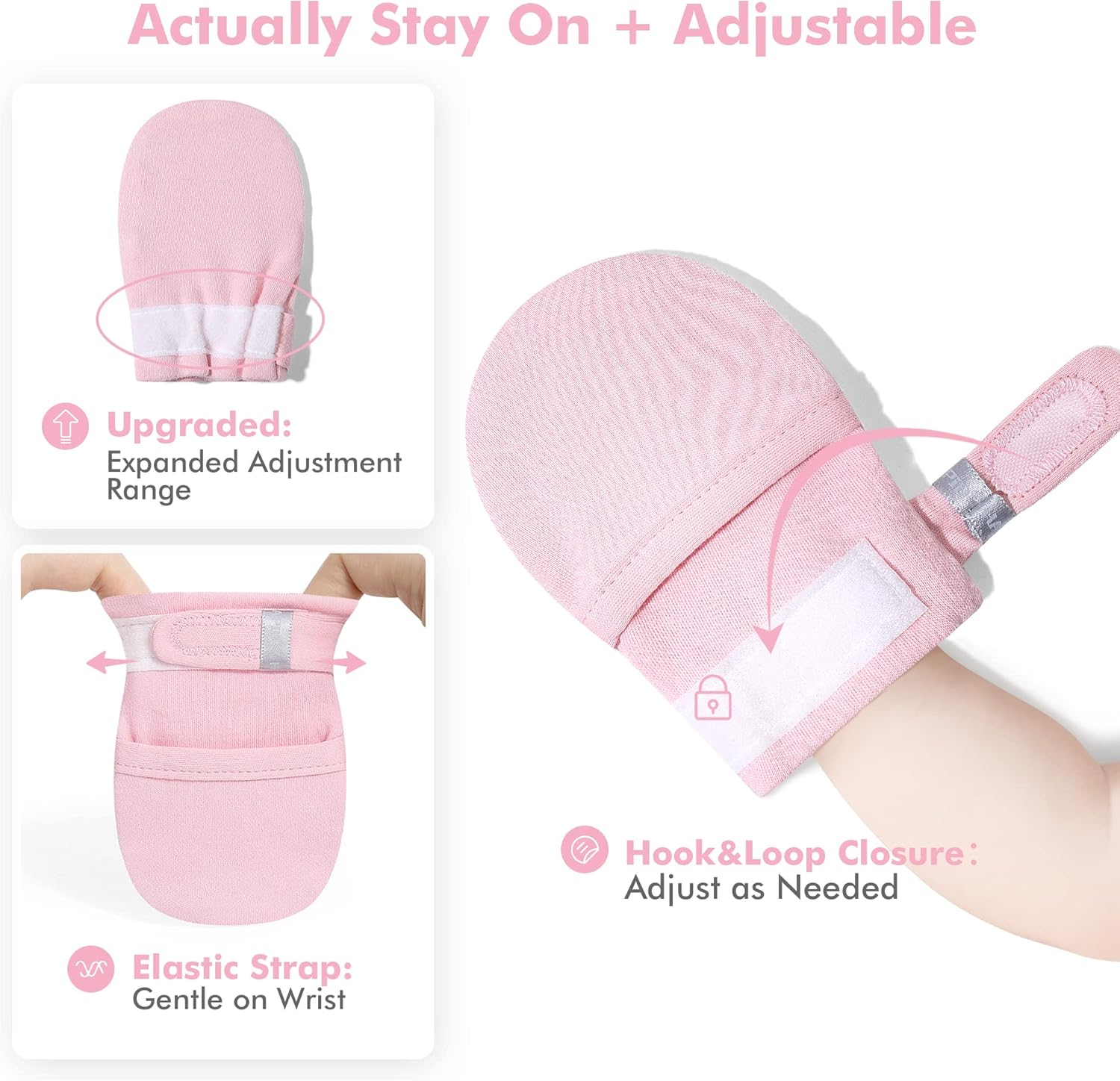 HAPIU Baby No Scratch Mittens Stay On, 100% Cotton Breathable, Adjustable Infant Gloves for Boys Girls, Newborn - 12 M