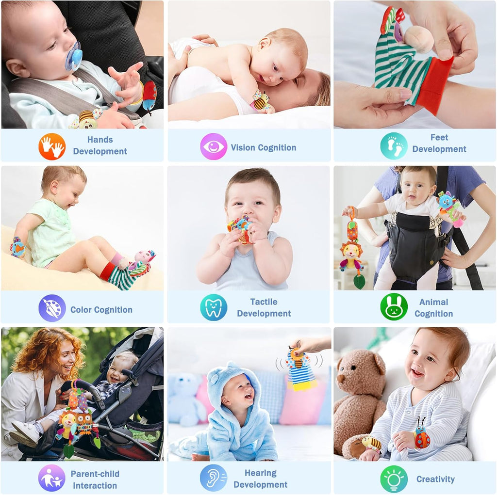 BLOOBLOOMAX Baby Soft Hanging and Wrist Rattle Toy, Car Seat Stroller Toys with Plush Animal C-Clip Ring for Infant Babies Boys and Girls 3 to 12 Months (12PCS-G)