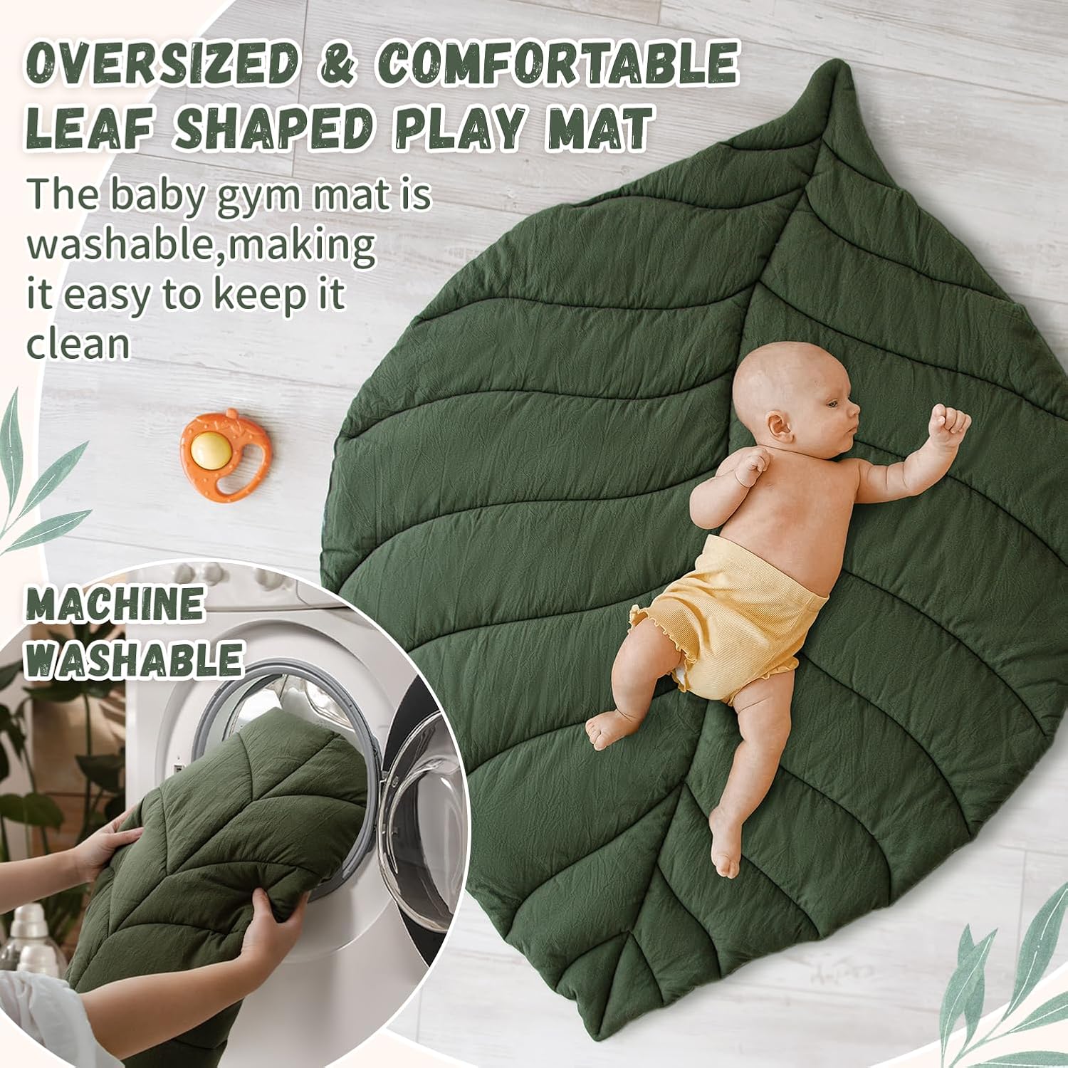 Baby Play Gym with Mat Leaf Shaped, Baby Play Mat with 6 Hanging Toys Tummy Time Mat, Baby Gym Activity Center, Washable (Green)